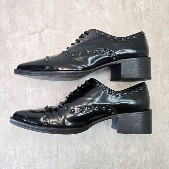 Uterque Oxford Shoe 7 Black Leather Spike Stud Goth Grunge Preppy Lace Up Loafer - Picture 6 of 11
